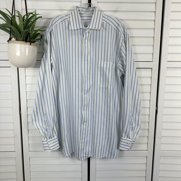 Z Ermenegildo Zegna Cotton Button Front Shirt White Yellow Blue Stripe Men 41/16 - Picture 1 of 11